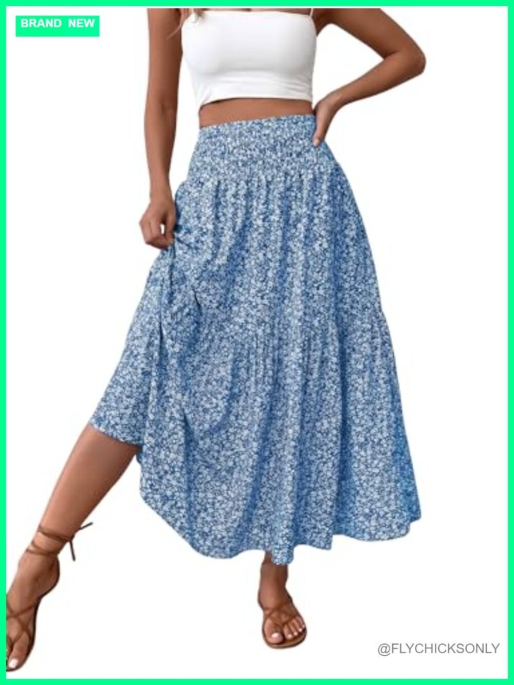 High Waist Smocked Flowy Maxi Skirt with Pockets Boho Ruffle